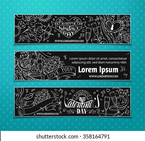 Happy Valentine's Day! Set of chalk love banners on blackboard background. Cupid, hearts, music notes, gift, balloons, ribbon, ring, roses, lock and key, hand-written lettering. Vector web templates.