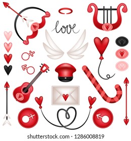 Happy Valentine's Day! Set, collection of cupid items. Harp, guitar, arrow, bow, candy, balloon, signs, hearts, wings, halo, stick, cap, letter and decor. Vector illustration.

