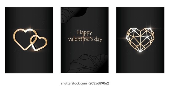 Happy Valentines day set. Collection of posters with golden sparkling hearts, lettering and leaves. Designs for greeting cards and social networks. Modern vector collage isolated on white background