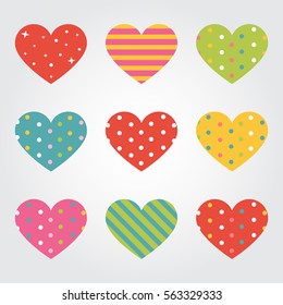 Happy Valentine's Day - set of  colorful hearts with polka dot, stripe and ornament pattern vector illustration.