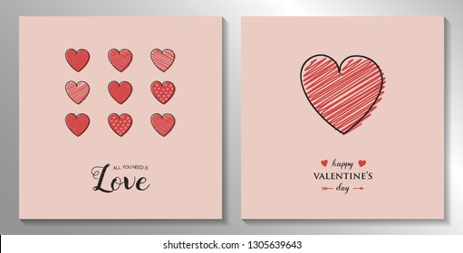 Happy Valentine's Day - set of cute greeting card with hand drawn hearts. Vector