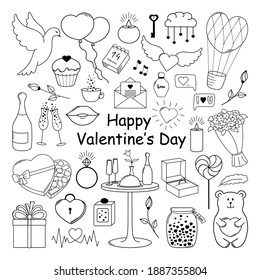 Happy Valentine's Day. Set of cute hand drawn elements. Vector icons isolated on white backgraund.