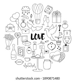 Happy Valentine's Day. Set of cute hand drawn elements. Round concept vector icons isolated on white backgraund.