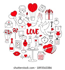 Happy Valentine's Day. Set of cute hand drawn elements painted in red. Round concept vector icons isolated on white backgraund.