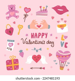 Happy Valentines Day set. Cute romantic elements with lettering. Vector illustration in hand drawn style on pink background
