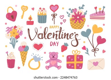 Happy Valentines Day set. Cute romantic elements with lettering. Vector illustration in hand drawn style on white background