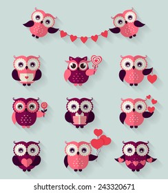 Happy Valentine's Day! Set of cute flat owls for love and romantic design. Vector icons with long shadow.