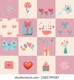 Happy Valentines Day set cute romantic love elements with hearts vector illustration in pastel colors
