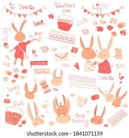 Happy Valentine's Day set of elements, flat vector. Honey Bunny cartoon character. Romantic couples of rabbits, hares with flowers, words Love, Pretty, Cute. Collection of animal prints and stickers.