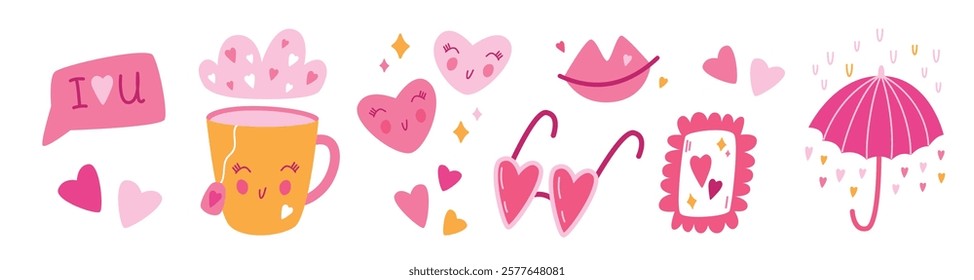 Happy Valentines day set of elements isolated on white background. Romantic love cartoon image. Vector illustration.