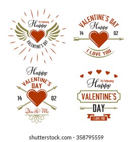 Happy Valentines Day set of four typographic vector labels for holiday cards with hearts, wings, ornaments, arrow and ribbon, isolated on white background