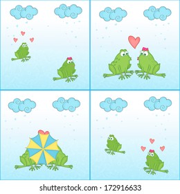 Feliz Día de San Valentín con una pareja de ranas haciendo el amor en temporada de lluvias. 
