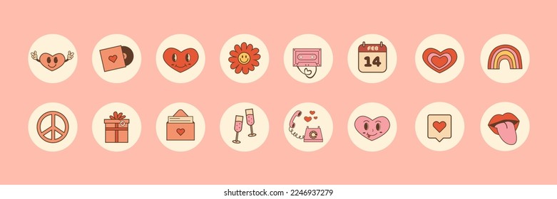 Happy Valentines day. Set of funky hippie elements for social media highlight. Retro 60s 70s trendy icons in pink color. Love dating and wedding concept. Vintage y2k characters. Vector illustration.