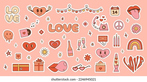 Happy Valentines day. Set of funky hippie elements for social media highlight. Retro 60s 70s trendy icons in pink color. Love dating and wedding concept. Vintage y2k characters. Vector illustration.