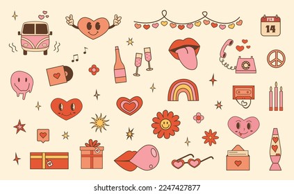 Happy Valentines day. Set of funky hippie elements for social media highlight. Retro 60s 70s trendy icons in pink color. Love dating and wedding concept. Vintage y2k characters. Vector illustration.