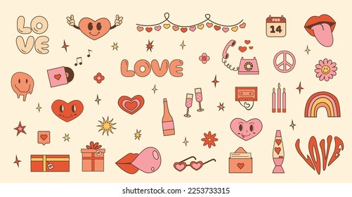 Happy Valentines day. Set of funky groovy hippie graphics. Retro 60s 70s trendy icons in pink and red color. Love and dating concept. Vintage y2k characters and cliparts. Vector illustration isolated.