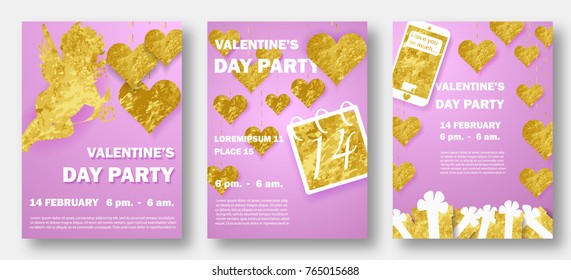 Happy valentine's day set. Gold vip design for greeting card. Luxsury style. Can be used on banners web. Heart hanging on a thread, inscription: Happy Valentines Day, background. Vector illustration.