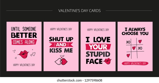 Happy Valentines day. Set of Valentines  greeting cards. Funny love quotes. Vector