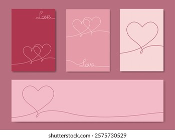 Happy Valentines day set greeting card. Creative Banners Design. Love text and heart symbols, line art hand drawn style. Copy space for sale header or voucher template, vector pink background