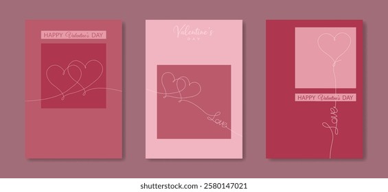 Happy Valentines day set greeting card. Creative Banners Design. Love text and heart symbols, line art hand drawn style. Copy space for sale header or voucher template, vector pink background