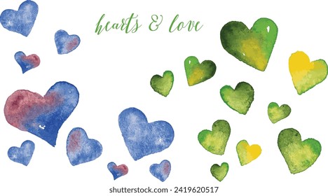 Happy valentine's day set of hand drawn colorful watercolor red, blue, green, violet hearts.	