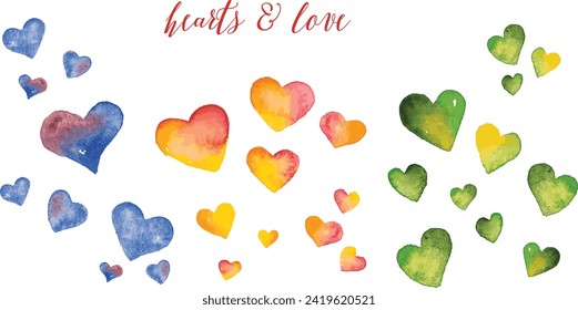 Happy valentine's day set of hand drawn colorful watercolor red, blue, green, violet hearts.	