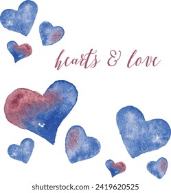 Happy valentine's day set of hand drawn colorful watercolor red, blue, green, violet hearts.	