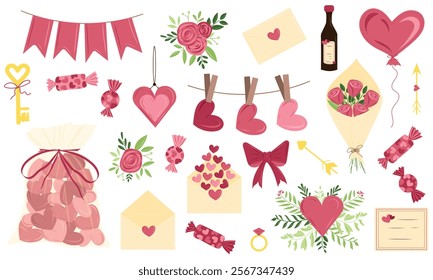 Happy Valentine's Day. Set of hand drawn vector flat illustrations for web design, greeting cards, print. Hearts, love, champagne, flower bouquet, balloon, chocolate candy, love letter, gift ideas