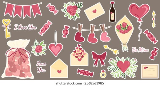 Happy Valentine's Day. Set of hand drawn vector flat illustrations with stickers. Hearts, love, champagne, flower bouquet, balloon, chocolate candy, love letter, gift ideas, I love you, be mine