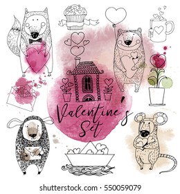 Happy valentine's day set. Hand drawing vector sketshes. funny animals