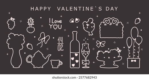 Happy Valentine's Day set of hand-drawn black and white icons. Cake, wine, wine glass, gift, flowers, hearts, candle, fruit bowl, bow, inscription I love you. Linear festive icons on a dark background