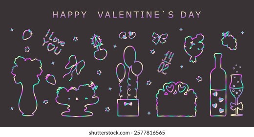 Happy Valentine's Day set of hand-drawn holographic  icons. Cake, wine, wine glass, gift, flowers, ring, candle, fruit bowl, bow, inscription "I love you". Linear festive icons on a dark background