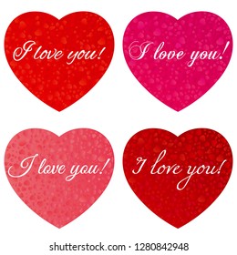 Happy Valentine's day. A set of hearts with an inscription - I love you - to Valentine's Day. Hearts consisting of small hearts of red and pink color. Vector illustration.