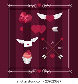 Happy valentines day set with hearts, wings, candy, gift, ribbon, bow, letter recognition, cake