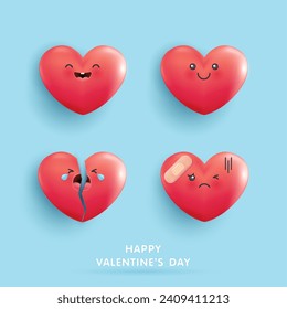 Happy Valentine's Day, set icon heart symbol love. cute hearts red cartoon on blue background. emotional face of heart-shaped cartoon. happy, sad, crying, hurt. vector illustration design.