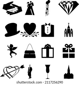 Happy Valentine's Day set of icons stencil black silhouette. Cute romance love valentine  icons such as with cupid, heart, couple, pigeons,  diamond, butterfly, flowers. Vector illustration