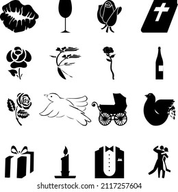 Happy Valentine's Day set of icons stencil black silhouette. Cute romance love valentine  icons such as with couple, pigeons,rose,flowers. Vector illustration
