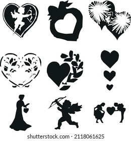 Happy Valentine's Day set of icons stencil black silhouette. Cute romance love valentine  icons such as with cupid, heart, couple, pigeons,  diamond, butterfly, flowers. Vector illustration