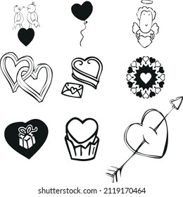 Happy Valentine's Day set of icons stencil black silhouette. Cute romance love valentine icons such as with cupid, heart, couple, pigeons, diamond, butterfly, flowers. Vector illustration