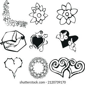 Happy Valentine's Day set of icons stencil black silhouette. Cute romance love valentine icons such as with heart, Lips, flowers. Vector illustration