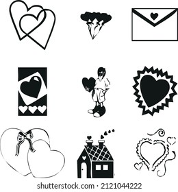 Happy Valentine's Day set of icons stencil black silhouette. Cute romance love valentine icons such as with heart, and flowers. Vector illustration