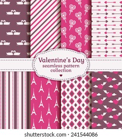Happy Valentine's Day! Set of love and romantic backgrounds. Collection of seamless patterns with purple, pink and white colors. Vector illustration.