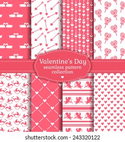 Happy Valentine's Day! Set of love and romantic backgrounds. Collection of seamless patterns with white and pink colors. Vector illustration.