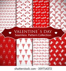 Happy Valentine's Day! Set of love and romantic backgrounds. Collection of seamless patterns with white and red colors. Vector illustration.