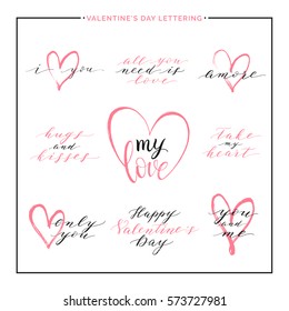 Happy Valentines Day, set of love text with pink heart - all you need is love, i love you, amore, hugs and kisses, vector lettering for greeting card, poster, invitation, wedding, save the date