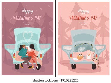 Happy Valentine's Day. Set of nice vector flat posters with lovers and picnic for Valentine's Day in cartoon style. Festive posters. Date in the car. A loving couple drinks coffee and hugs outdoors. 