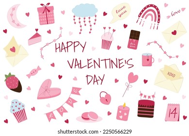 Happy valentine's day set. Pink objects for lovers in flat style. Romantic bundle