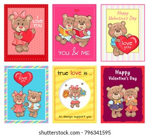 Happy Valentines day set of posters, true love is an always support, teddy girl in cheerleading uniform, lovers holds air balloon, read books vector