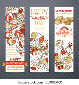 Happy Valentine's Day! Set of red and gold love banners. Cupid, hearts, gift, balloons, ribbon, ring, letter, sun, music notes, hand-written lettering. Vector hand-drawn web templates.