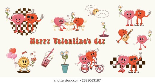 Happy Valentine's Day. Set of retro characters in groovy animation style. Disco with romantic atmosphere. Trendy retro style of the 90's. Y2K. Vector illustration
